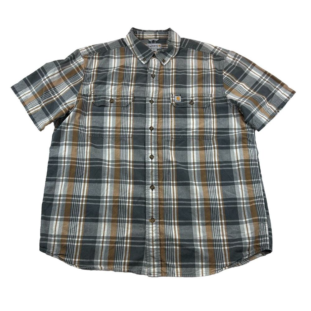 Vintage Carhartt Button Up Shirt Relaxed Fit Mens XL Plaid Rustic Short Sleeve